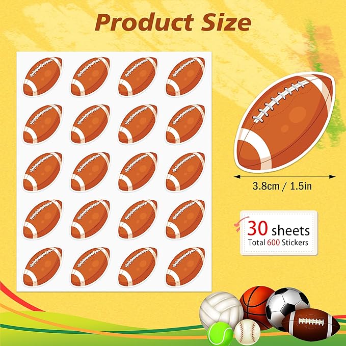 600 PCS Football Stickers for Kids, Football Sticker Rugby Stickers Sports Ball Themed Decals for Crafts Scrapbooks Envelopes Gifts Classroom Teacher Birthday Party Decor, 1.5 Inch