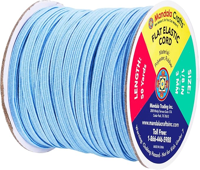 Mandala Crafts 3mm 50 Yds Roll of Sky Blue Elastic Bands for Sewing - 1/8 Flat Elastics Cord - 1 8 Inch Braided Stretch Straps for Crafting