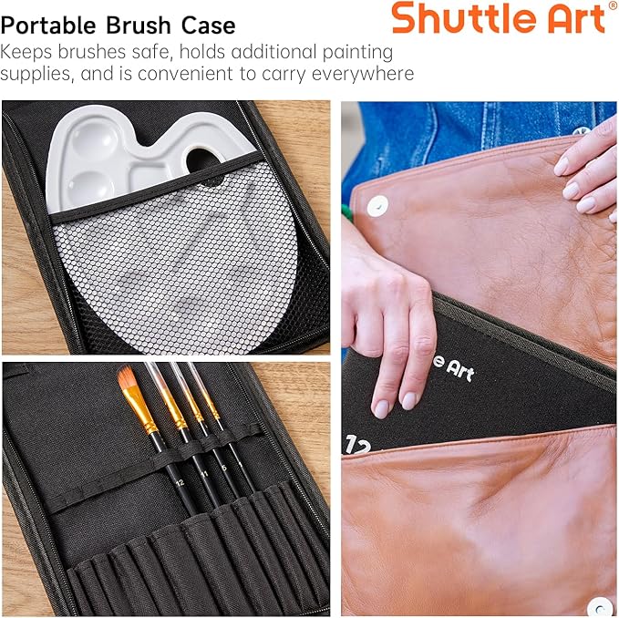 Shuttle Art 12 PCS Paint Brush Set with Case, Assorted Shapes & Sizes for Acrylic, Watercolor, Oil, and Gouache, Perfect Artist Brushes for Kids, Beginners, and Professionals, Ideal for Home or Travel