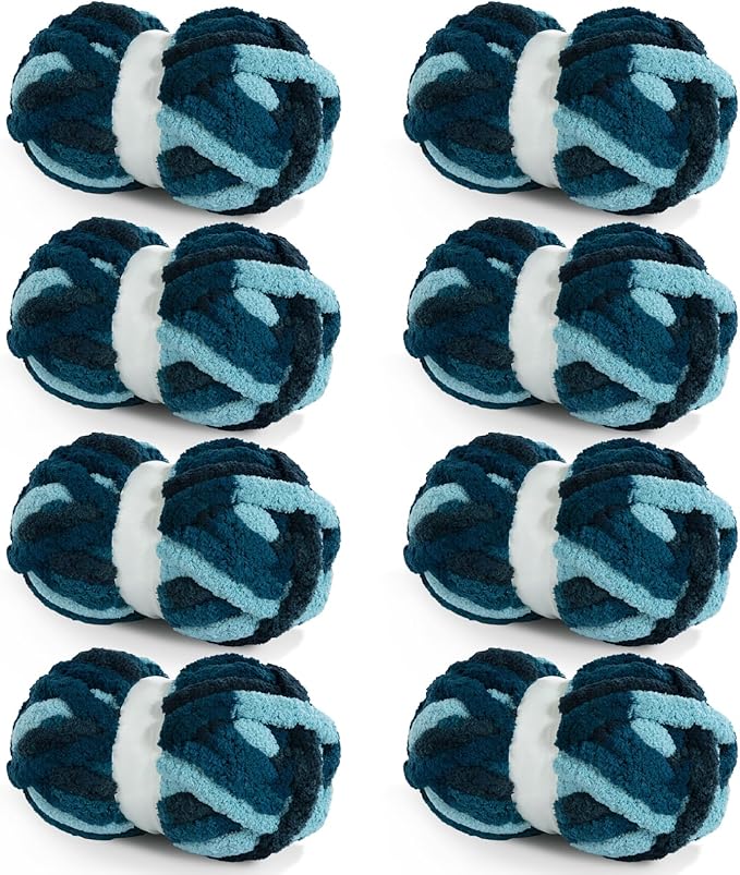 HOMBYS 8 Pack Giant Chunky Yarn for Crocheting/Hand Knitting, Super Bulky Large Soft Fluffy Tie Dye Plush Fuzzy Mixed Color Thick Chenille Yarn (Dark Blue, Blue)