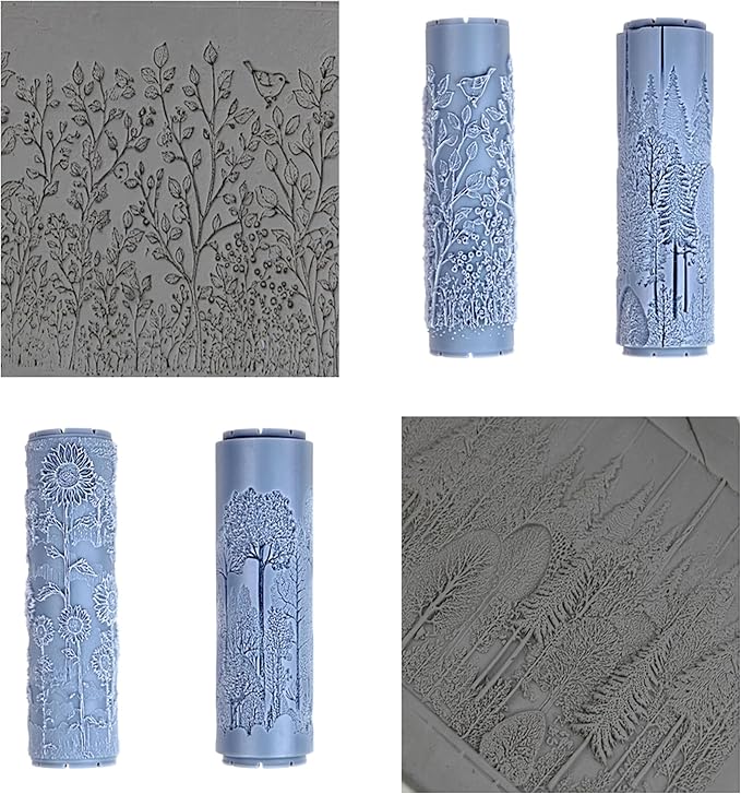 Field and Forest Collection 4-Pack Clay Texture Rollers (4") - Seamless Meadow Set #01 - Embossing Pattern Rollers for Polymer & Ceramic Clay, Pottery & Crafts