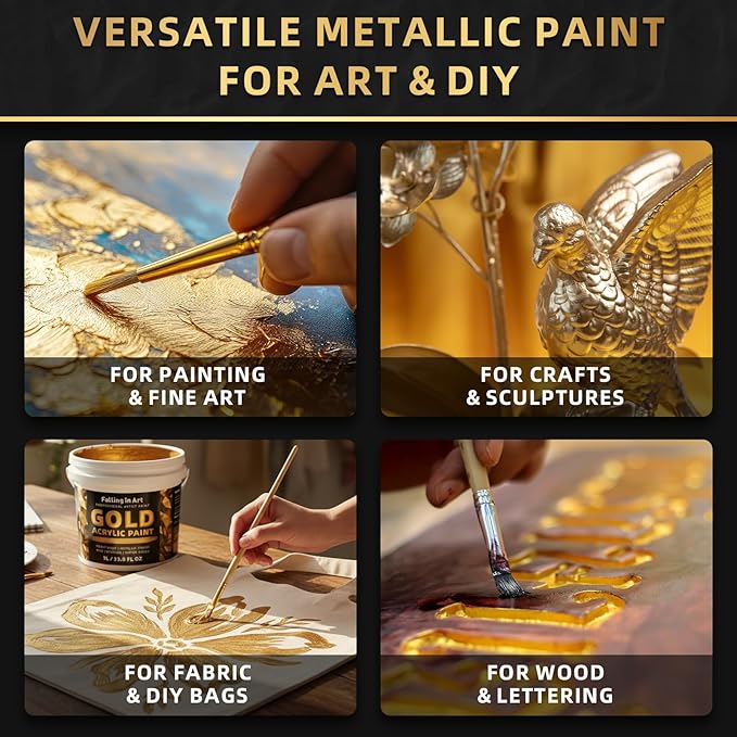 Falling in Art Gold Metallic Acrylic Paint, 33.8 Oz Heavy Body Gold Leaf Paint, Non-Toxic Art Paints for Metal, Furniture, Canvas, and DIY Crafts
