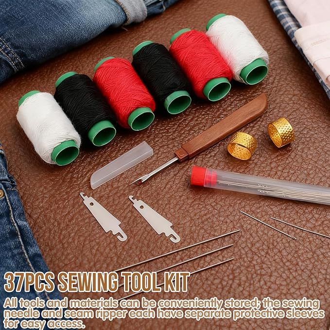 37Pcs Big Eye Steel Sewing Needles Kit, Include 25 Steel Needles, 1 Seam Sewing Thread Ripper, 2 Needle Threaders, 6 Threads, 2 Thimbles, 1 Storage Tube for Mending, Gift for Sewing Lovers