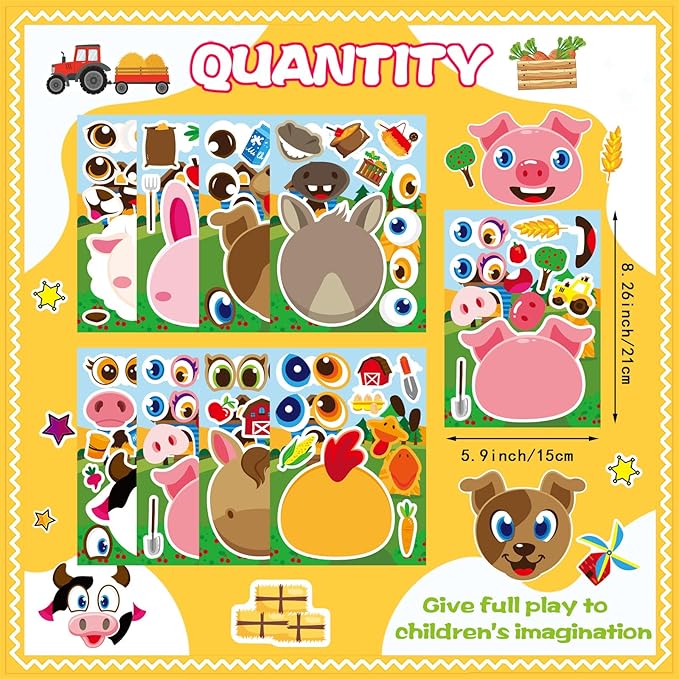 36 Sheets Farm Animal Make a Face Stickers Sheets for Kids, Make Your Own Sticker DIY Farm Animal Stickers for Kids Farm Themed Birthday Party Favor Supplies Craft