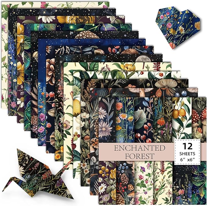 12 Sheets Fantasy Forest Botanical Scrapbook Paper Set 6" x 6" – Vintage Floral Mushroom Nature Craft Paper for Journaling, Decoupage, Origami, Card Making, DIY Art Projects