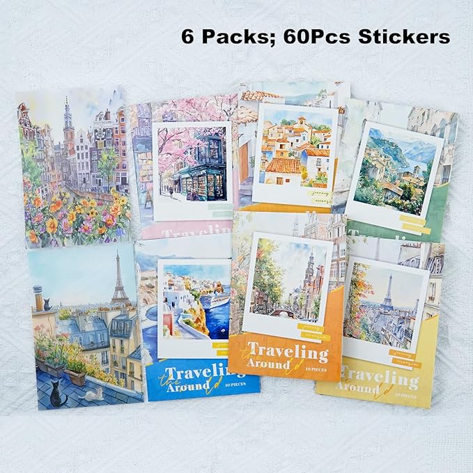 Travel Scenery PET Sticker Set, 60PCS Large Landscape Scrapbook Supplies for Journaling, DIY Crafts and Planner