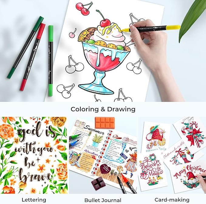 Ohuhu Markers for Adult Coloring Books No Bleeding 160 Colors Coloring Markers Water-based Dual Tips Fineliner & Brush Drawing Pens Art Pens for Kids Adults Sketch Journal - Maui - Black