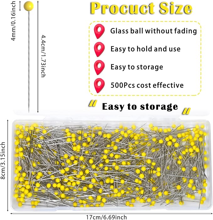 500 PCS Quilting Pins, 1.75 Inch Straight Pins with Yellow Glass Ball Head, Stainless Steel Dressmaker Pins for Sewing, Fabric, Crafts, Jewelry Making, DIY Projects