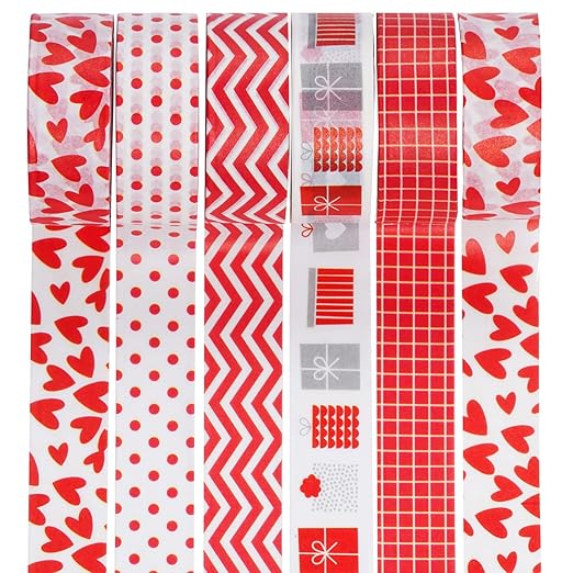 choyaxo 6 Rolls Valentine's Day Washi Tape 0.6" x 16.4ft Love Heart Pattern Masking Tape Great for DIY Journal, Calendar, Gift Wrapping, Wedding