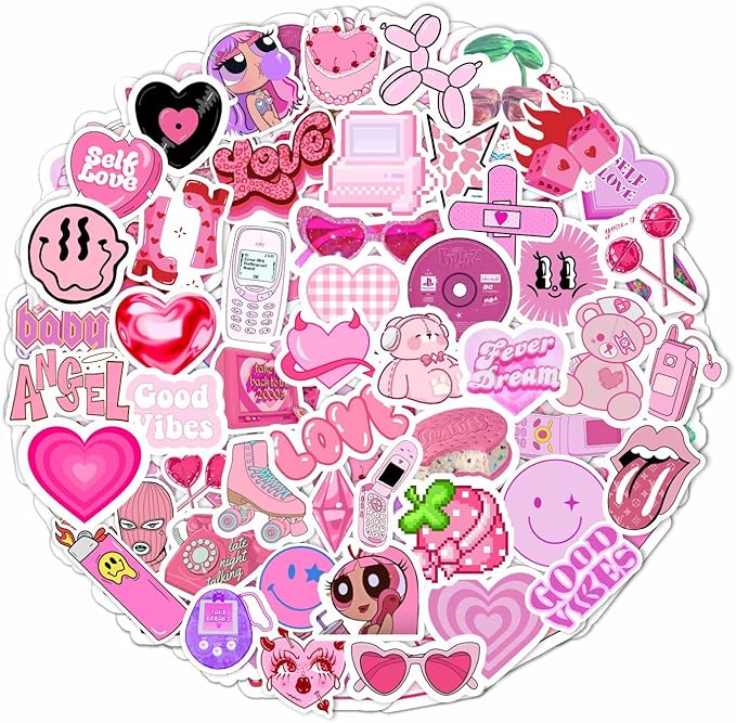 BulbaCraft 100Pcs Y2K Stickers Pink for Water Bottle and Laptop - Y2K Party Supplies & Decorations, Waterproof Vinyl Decals, 2000s and Aesthetic Stickers, Gifts for Women & Men