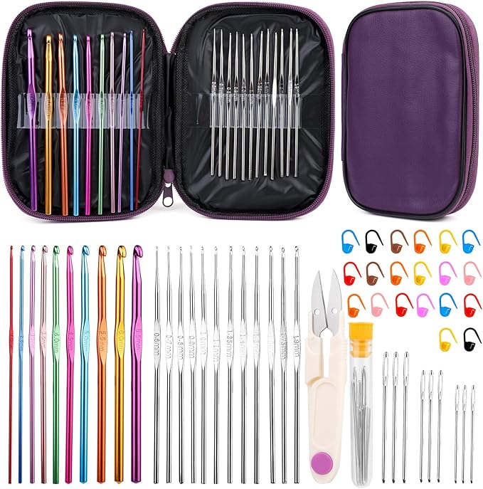 IMZAY 54 Pcs Crochet Hooks Set, Crochet Needles Set with Purple Storage Case, Ergonomic Knitting Needles Stitch Marker DIY Hand Knitting Craft Art Tools for Beginners