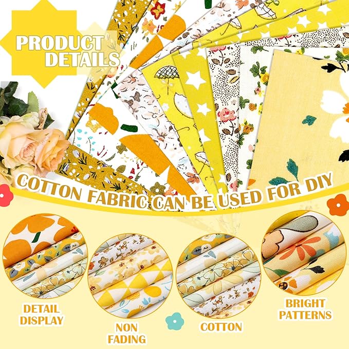 Kinlop 600 Pcs 4 x 4 Inch Cotton Fabric Square Precut Quilting Squares Printed Floral Patchwork Fabric Bundles for DIY Craft Sewing Clothing Accessory(Yellow)