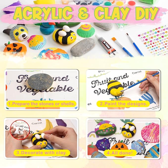 Kiditos Rockin' Rock & Shell Painting- Treasure Painting Kit,Arts and Crafts for Kids 4-12, Kids Painting Set, DIY Arts & Crafts Toys for Boys Girls Birthday Party Activities Gifts