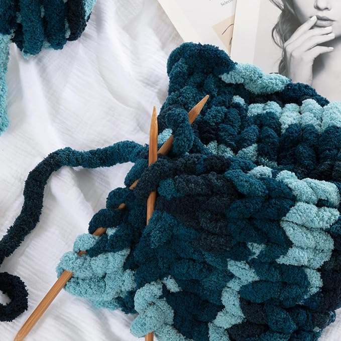 HOMBYS 8 Pack Giant Chunky Yarn for Crocheting/Hand Knitting, Super Bulky Large Soft Fluffy Tie Dye Plush Fuzzy Mixed Color Thick Chenille Yarn (Dark Blue, Blue)