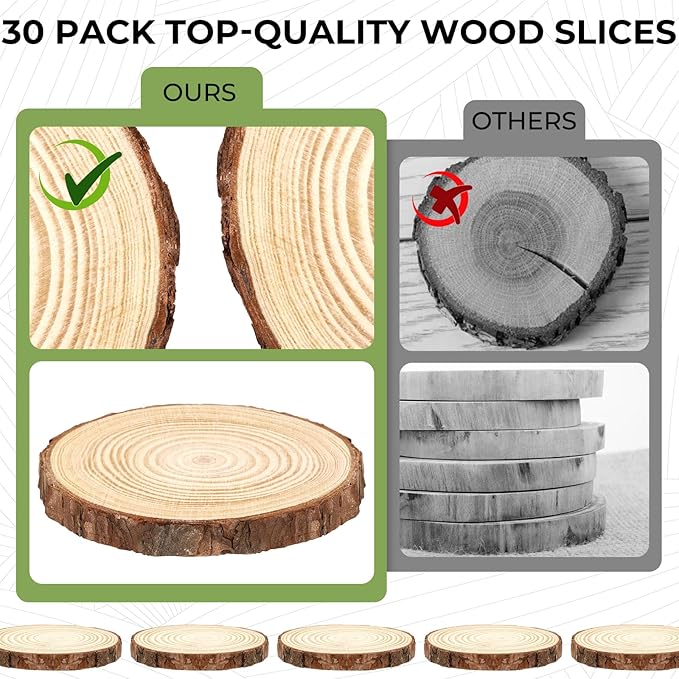FSWCCK 30 Pack Nature Unfinished Wood Slices, 3.5-4 Inches Round Wooden Circle with Tree Bark, Rustic Wood Centerpieces for Weddings Table Decor and DIY Painting Crafts