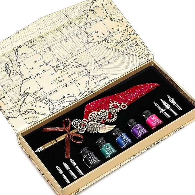 NC Feather Calligraphy Set, Quill Pen Ink Set Includes 5 Bottles of Ink and 6 Replaceable Stainless Steel Nibs, Calligraphy Pen for Writing, Writing Letters, Signing Invitations Etc (Red)