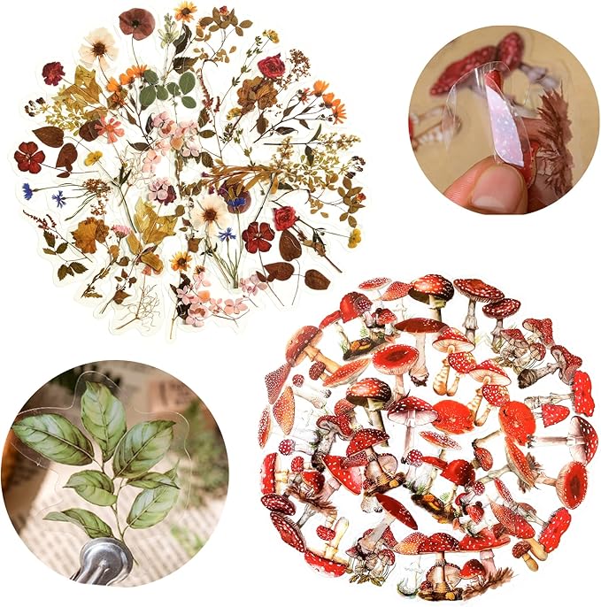 Yoksas Nature Floral Plant Stickers Set - 320 Pieces Transparent Pressed Flower Decals Journaling Stickers for Scrapbook,Junk Bullet Journal,Planner,Resin Art