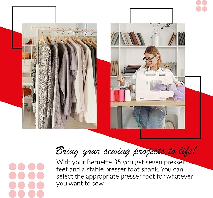 Bernette B35 Sewing Machine for Beginners | 23 Built-In Stitches, 7 Presser Feet, One-Step Buttonhole | Includes Cutting Mat, Scissors, Bobbins, Seam Ripper, Screwdriver, Foot Pedal & Accessories