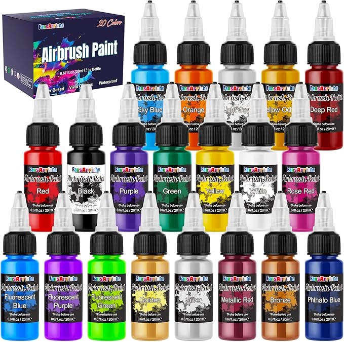 FansArriche Airbrush Paint Set, 20 Colors Acrylic Air brush Paint Kit, Ready to Spray Water-based Opaque & Neon Colors for Beginners, Artists, DIY Projects, 20 ml/Bottle