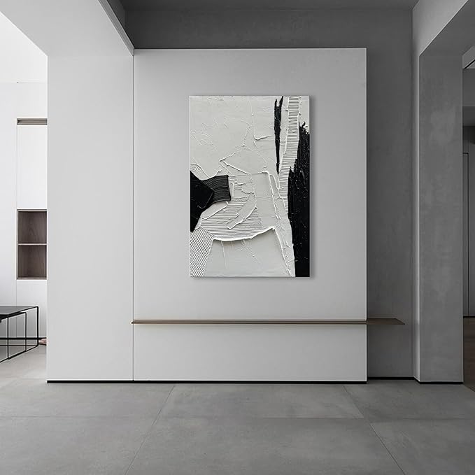 NANKAI Art Hand-Painted Black and White Texture Oil Painting Modern Minimalist Abstract Art 45x30 inch Large Home Wall Deco Art Painting