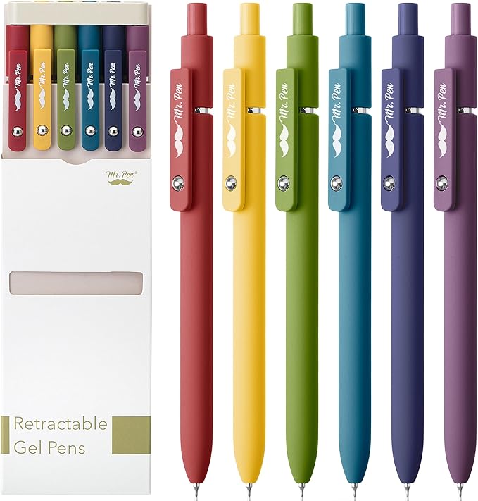 Mr. Pen- Retractable Gel Pens, 6 Pack, Vintage Color Barrels, Black Ink, Fast Dry, Fine Point 0.5mm, Cute and Aesthetic for Journaling
