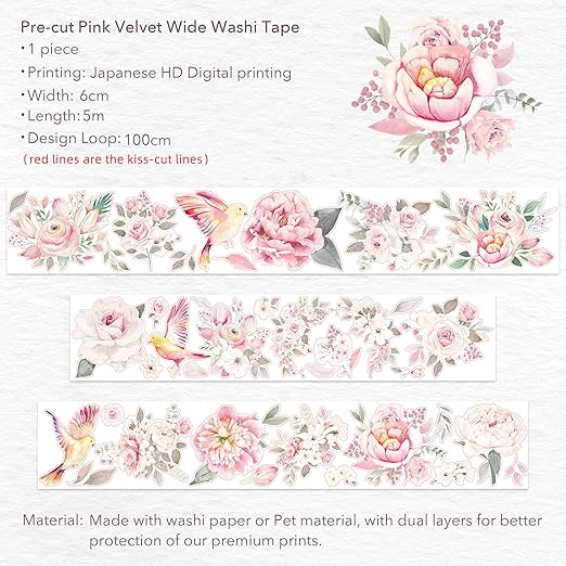 WT Pre-Cut Pink Velvet Wide Washi Tape, Single Roll, Original Designs, Elegant Floral Aesthetic, Decorative Japanese Paper Tape for Journaling, Scrapbook, Planner, DIY Crafts, Bujo Supplies, 60mm×5m