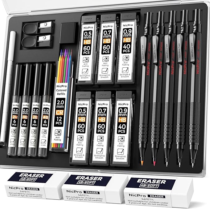 Nicpro 22PCS Art Mechanical Pencil Set, Black Artist Metal Drafting Pencil 0.5 & 0.7 & 0.9 mm & 2PCS 2mm Graphite Lead Holder(4B 2B HB 2H) for Drawing Writing Sketching With Lead Refills Erasers Case