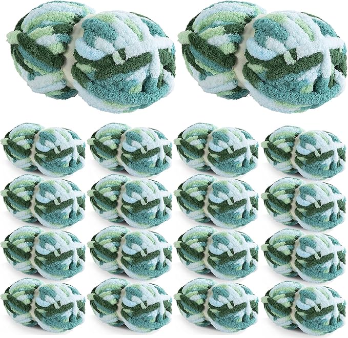 HOMBYS 18 Pack Giant Chunky Yarn for Crocheting & Knitting, Super Bulky Soft Fluffy Tie Dye Plush Fuzzy Mixed Color Thick Chenille Yarn (Mint, Teal, Green)