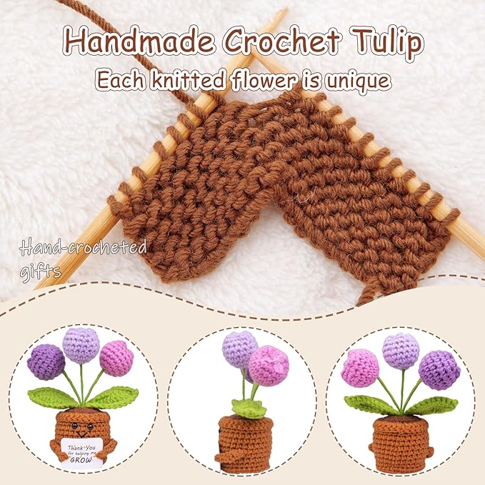 Positive Crochet Tulip Flower, Handmade Emotional Support Knitted Tulip Flowers Inspirational Gift for Women - Thank You, Appreciation, Positive Gift for Teacher, Mom, Friend, Coworker