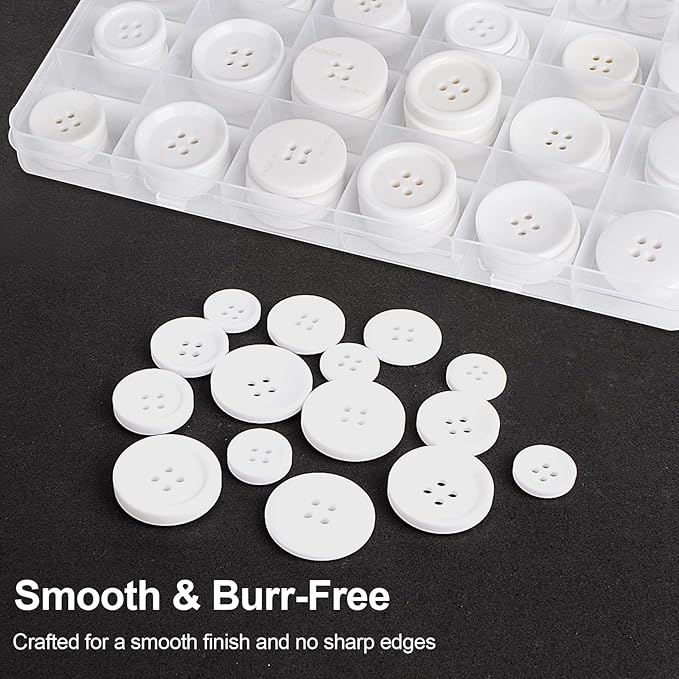 110Pcs White Mixed Sewing Buttons, 4-Hole Craft Round Blazer Buttons, 5 Color 3 Size (15mm, 20mm, 25mm) Suit Coats Resin Button, Suitable for Variety Clothing Sewing, DIY Craft (White)
