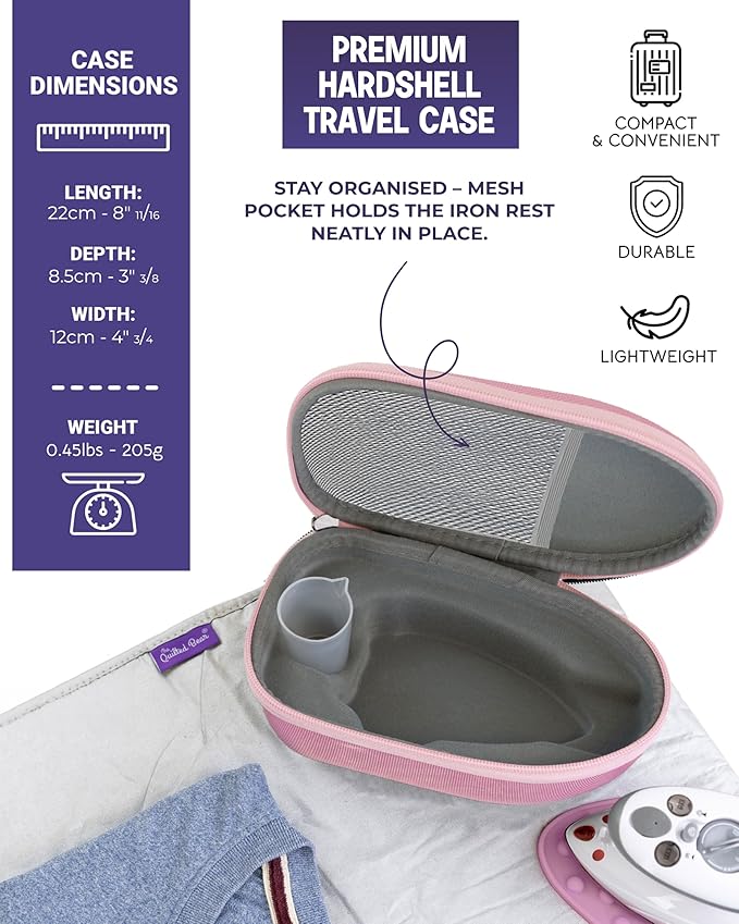 The Quilted Bear Premium Mini Steam Iron - Lightweight Mini Travel Iron for Effortless Quilting & Wrinkle-Free Clothes with Carry Case & Iron Rest Set - Travel Steamer for Clothes & Crafts (Pink)