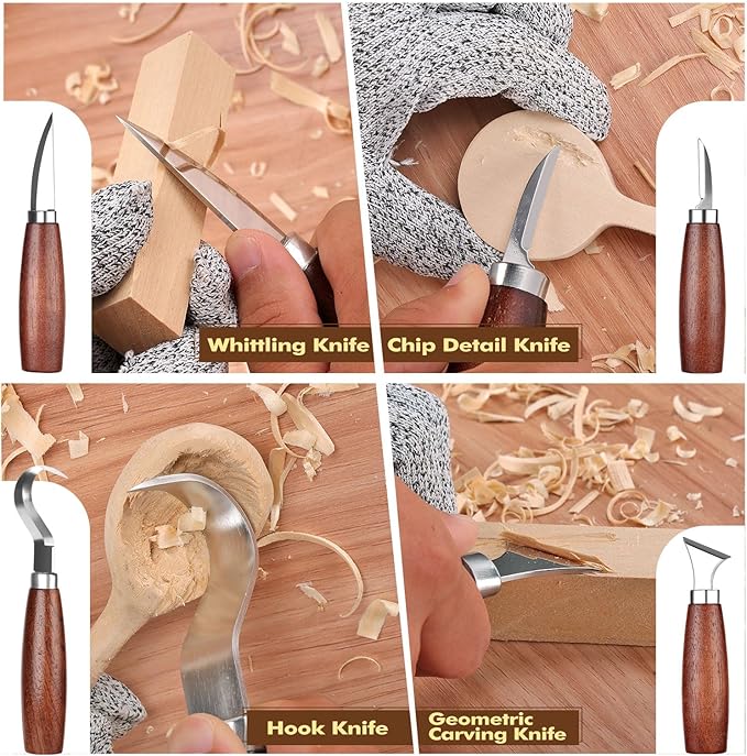 Wood Carving Kit for Beginners – 15PCS Whittling Set with 4 Carving Knives, 6 Basswood Blocks, Cut-Resistant Gloves, Polishing Tools & Storage Roll | DIY Craft Kits for Beginners
