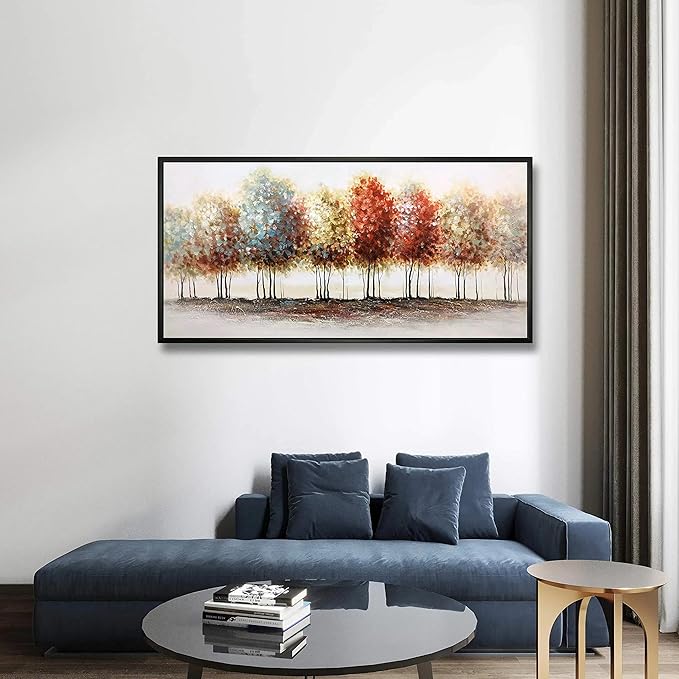 Tiancheng Art, 24x48 Inch Modern Abstract Painting Oil Hand Paintings Tree 3D Hand-Painted On Canvas Acrylic Frame Wall Art Colorful Forest Box Table Hanging Wall Decoration