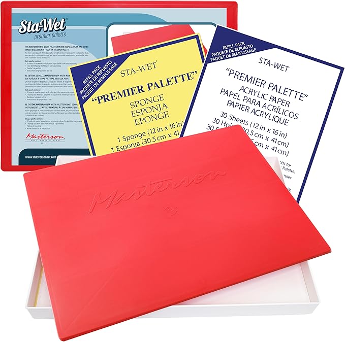 Masterson Sta-Wet Premier Palette Bundled Set, 12in x 16in Airtight Wet Painting Palette, with 30 Acrylic Paper Refill Sheets and 1 Sponge Refill Pack, Keeps Wet Paint Fresh for Days, Made in USA