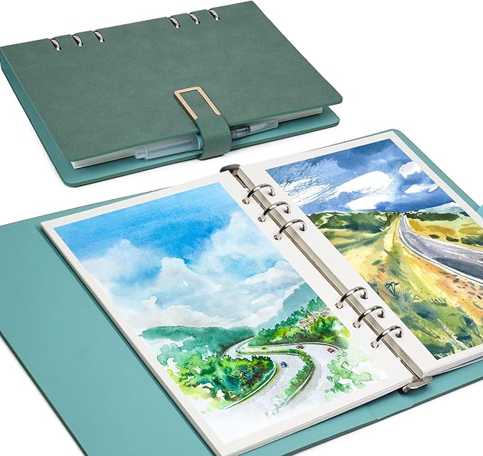 Vienrose 9" x 7" 3 Ring Watercolor Sketchbook, Faux Leather Cover Professional Art Journal with Detachable 24 Sheets 48 Pages, Ideal for Water Coloring, Sketching, Painting, Turquoise