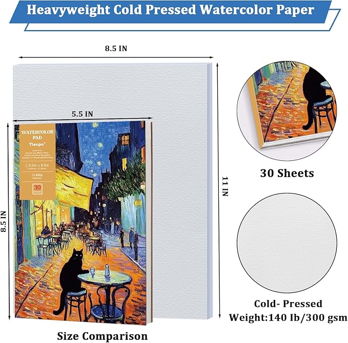 Tlenpo Watercolor Paper Pad, 8.5 x5.5 in 140lb/300gsm, 30 Sheets Cold Press Acid-Free, Artist Grade Water Color Art Drawing Painting Paper, Drawing Art Supplies for Adults, Teens, Kids
