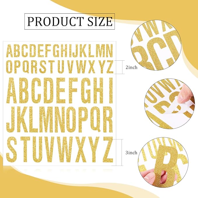 8 Sheet Glitter Letter Stickers Vinyl Alphabet Stickers Waterproof Self Adhesive Stick on Letters for Poster Bulletin Board Mailbox School Classrooms Decor(2 Inch, 3 Inch,Gold)