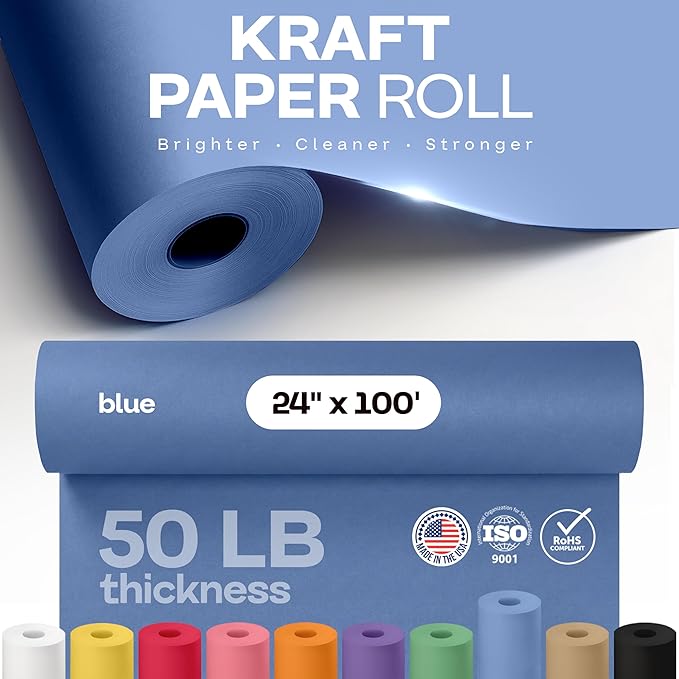 24" x 1200" (100 feet) Blue Kraft Paper Roll - USA-Made Quality Craft Paper for Gift Wrapping, Kids' Arts & Crafts, School Projects - 100% Recycled Natural Material 50lb Thickness by IDL Packaging