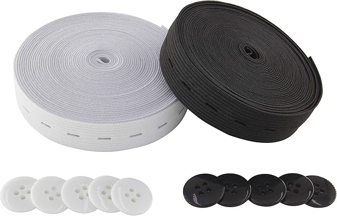 Flat Sewing Band Spool with Buttonholes, Elastic Stretchable, Ideal for DIY Waistbands and Necklines (Black & White, 3/4" × 5 Yds Each)