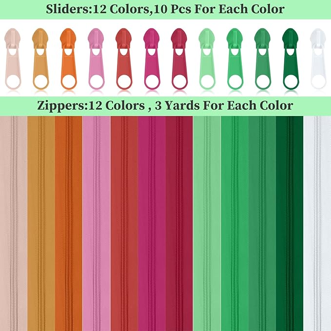 Syhood 36 Yards 12 Pieces #5 Sewing Zippers Tapes Assorted Nylon Lightweight with 120 Plastic Zipper Sliders for Women Men Sewing Supplies(Tropical Color)