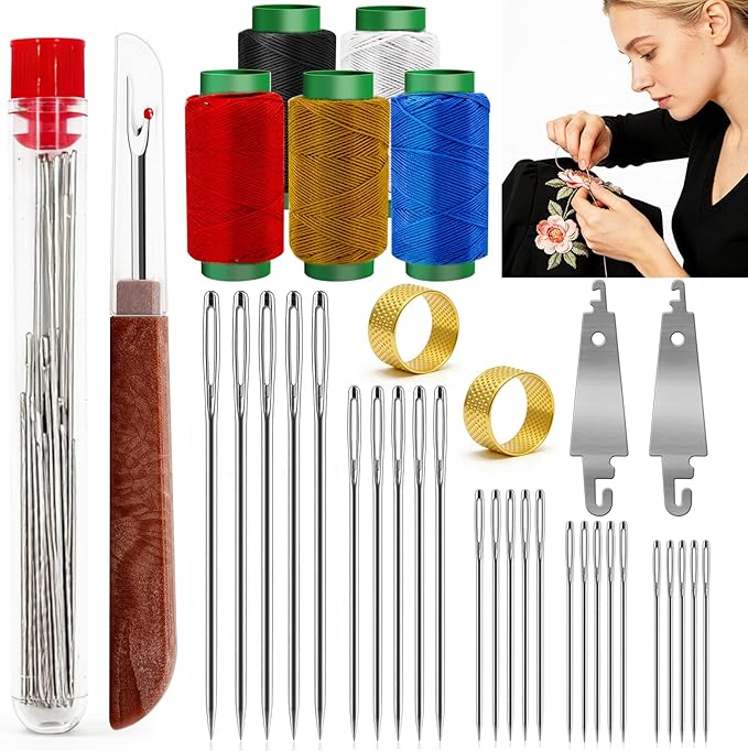 JUNCHONG Sewing Set 36Pcs Sewing Tool Set, Big Eye Steel Sewing Needles Kit with 25 Needles & Seam Ripper, Beginner Sewing Work Set