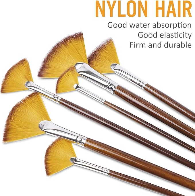Artist Fan Paint Brushes Set 9pcs - Soft Anti-Shedding Nylon Hair Wood Long Handle Paint Brush Set for Acrylic Watercolor Oil Gouche Painting