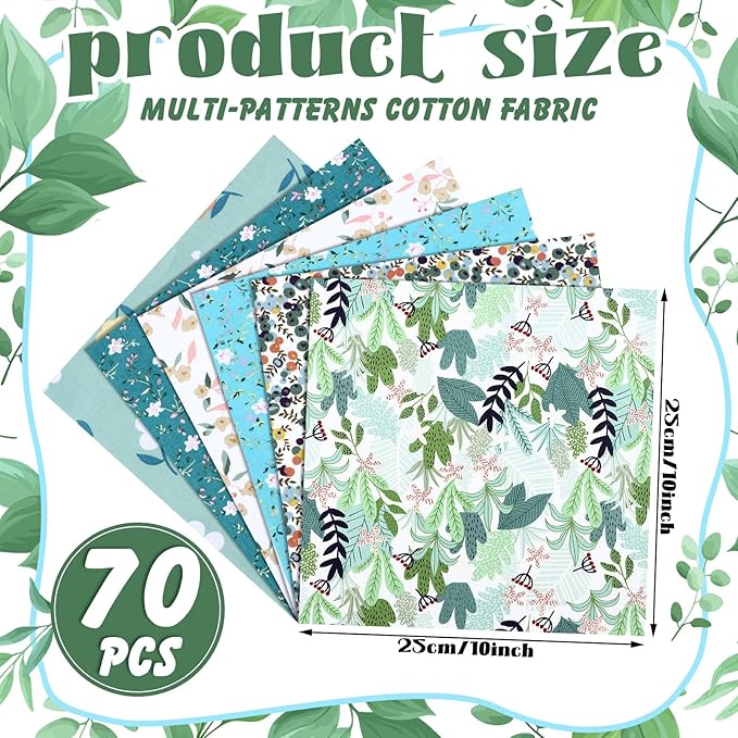 Tudomro 70 Pcs 10 x 10 Inch Cotton Fabric Squares Multicolor Quilting Fabric Bundles Precut Printed Patchwork Materials for Holiday DIY Crafts Cloths Handmade(Green Floral)