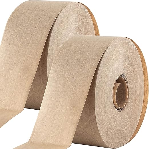 Ultra-Durable Water-Activated Tape for Secure Packing 2Pk. 2.75 in 450 Ft Brown Kraft Gum Tape Provides Heavy Duty Adhesive for Packaging and Shipping. Fiberglass Reinforced for Extra Strong Bond.