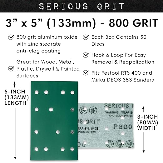 Serious Grit - 3" x 5" (80mm x 133mm) 14-Hole 800 Grit Sanding Sheets - Fits Festool RTS 400 & Mirka Deos 353 - Heavy-Duty Hook & Loop Film Abrasives - Sandpaper for Sheet Sanders - 50 Pack Box
