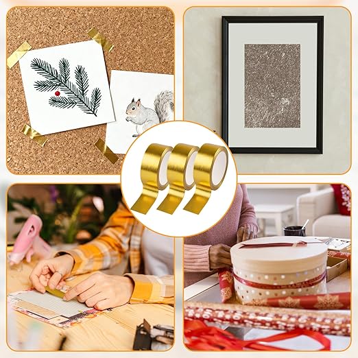 3 Rolls (100FT) Gold Foil Washi Tape – 0.59 Inch Wide Decorative Masking Tape for Crafts, Scrapbooking, Wall Decor – Low-Tack Self-Adhesive Metallic Tape for DIY, Journals, Gift Wrapping