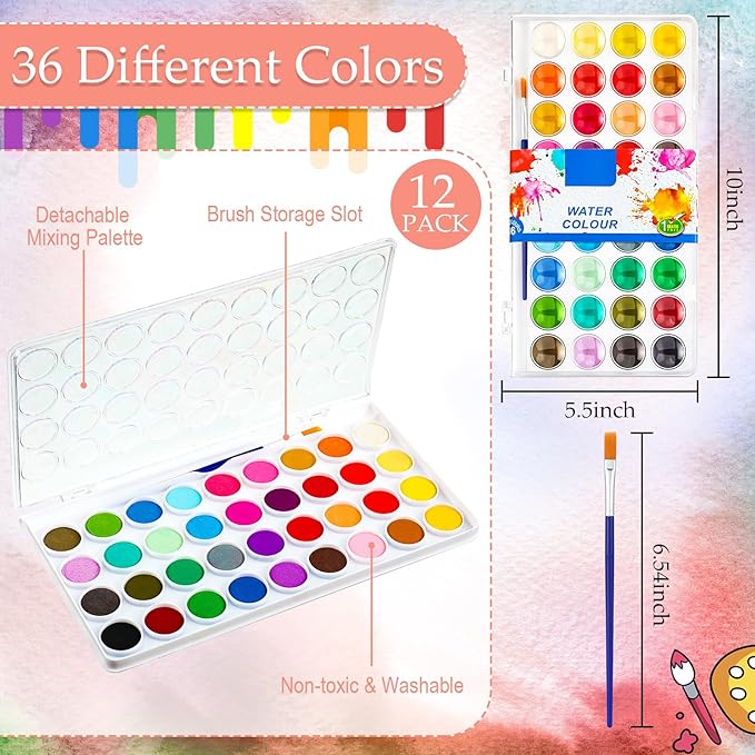 Nuanchu Christmas Gifts Bulk Watercolor Paint Washable Watercolor Paint Kits Palette and Brushes Portable Water Color Supplies for Adults, Beginners Artists Valentine Gift(12 Pack,36 Colors)
