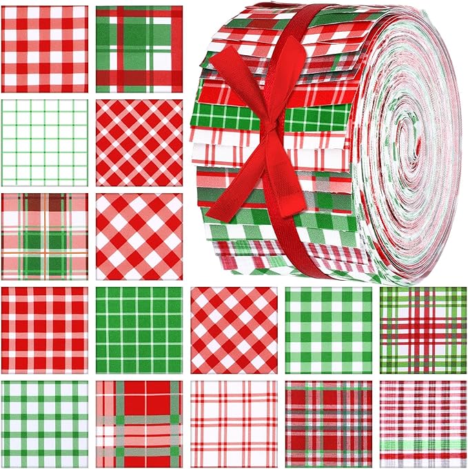 40 Pcs Vintage Plaid Christmas Quilting Fabric Jelly Fabric Squares Patchwork Roll 2.56 Inch Red Green and Pink Plaid Patchwork Retro Precut Strips for Xmas Craft Sewing DIY Handmade