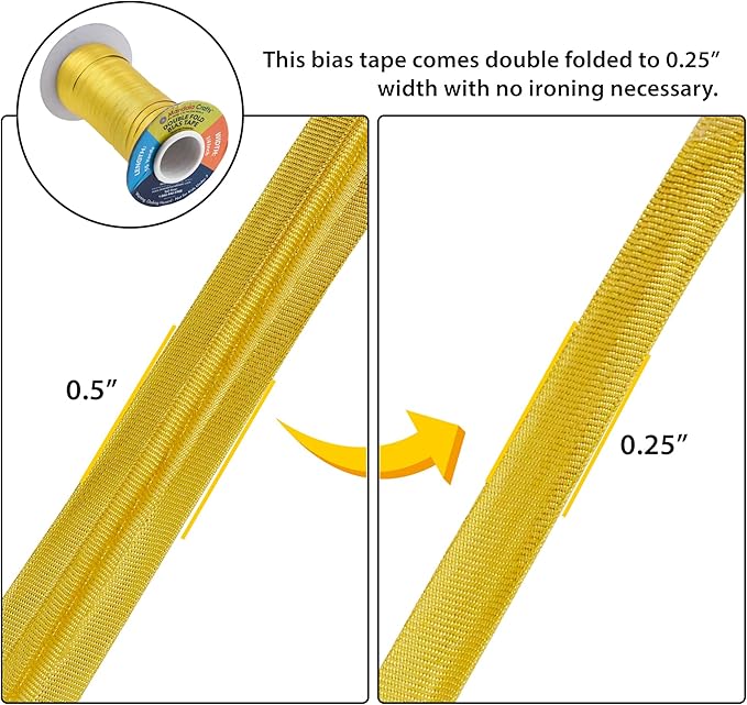 Mandala Crafts 55 Yards 1/4 Inch Metallic Gold Double Fold Bias Tape for Sewing - Bias Binding Tape for Quilting Binding, Hemming, Seam, and Fabric Piping