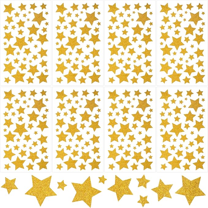 CustomyLife 8 Sheet 320pcs+ Glitter Gold Star Stickers for Kids Reward, Self-Adhesive Foil Award Star Decal, Small Christmas Sticker for Present Album Scrapbook Cup Phone Case DIY Craft